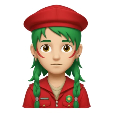 scout boy long hair face tatooes green haired, wearing red uniform with hat sticker