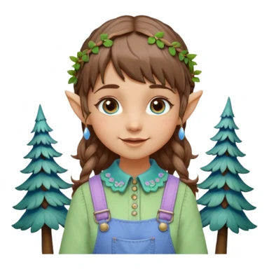Kind happy whimsical quirky Girl toymaker, wood carving elf. Woodland nature creator. Blue eyes. Short bob, brown wavy hair with bangs. Whimsical playful cute. Overalls with nature embroidered cute shirt collar. Light green, light purple and light blue colour aesthetic  sticker