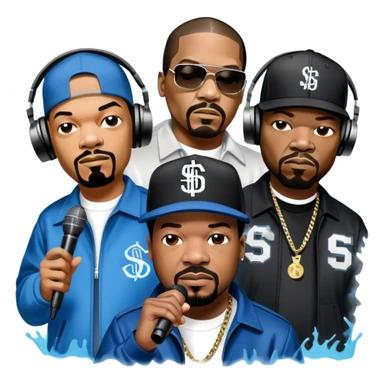 Icon for Rap Music: collage of rap legends—Snoop Dogg, Ice Cube, Dr. Dre, and 50 Cent. Iconic elements include microphones, headphones, and urban street elements like graffiti. Bold, energetic vibe with a hip-hop style. Transparent background. sticker