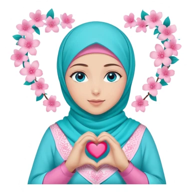 Turkish beautiful finish Konya girl blue eyes with light turquoise sakura and pink hijab islamic dress and making heart with hands and with thank you text sticker