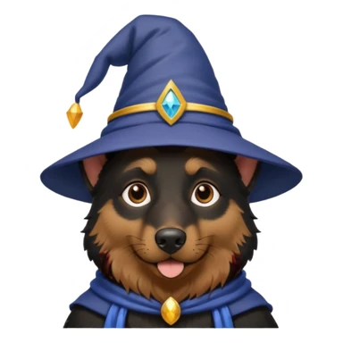 black german shepherd face wearing a wizard hat sticker