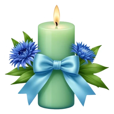 Chanel candle in blue and green with a light blue bow and cornflower bouquet  sticker