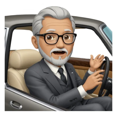 Professor Bentley Dyed black gray hair  frencb beard graying indian guy in suit sitting in a bentley car and screaming fraud. Older look around 60 yrs  with glasses slight balding sticker