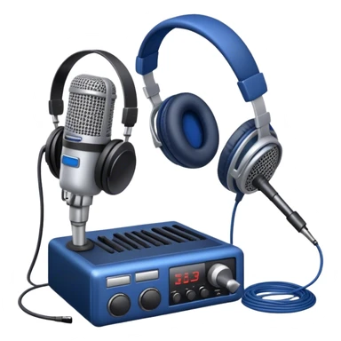 Create a sleek and professional emoji that represents voice acting and dubbing equipment. The design should feature a high-quality microphone, a sound mixer or audio interface, and headphones to symbolize the recording and technical process. Include elements like a soundproof booth or audio cables to reflect the studio environment. Use a modern, clean design with colors like silver, black, and dark blue to represent the professional side of voice acting. The background should be transparent. sticker