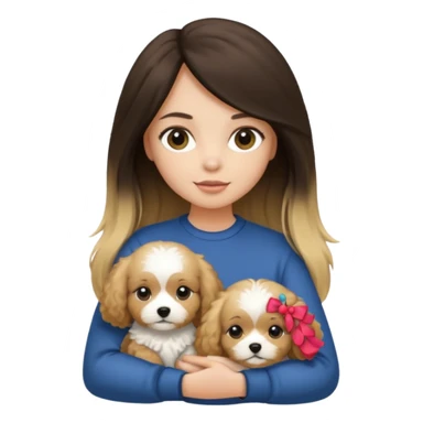 Make a girl with brunette/black straight long hair holding a 1 blonde cavapoo dog sticker