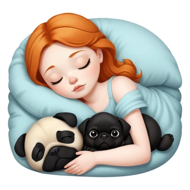 Sleeping ginger girl with black pug puppy and panda pug sticker