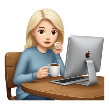 mujer blanca tomando cafe y con un computador sentada en una mesa  sticker