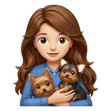 a woman with long wavy brown hair gently holding a Yorkshire Terrier, emoji style sticker
