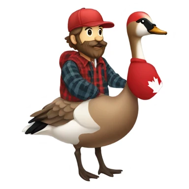 A man with a beard wearing a red flanel shirt with matching hat riding a canadian goose sticker