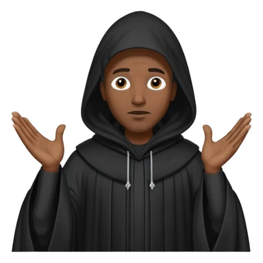 Black man wearing a long black robe with a tall pointed hood, face fully covered except for two small eye holes, standing confidently with hands gesturing in conversation. sticker