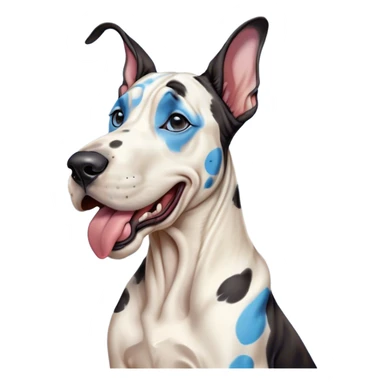 Cinematic Cute Yawning Harlequin Great Dane Portrait Emoji, Head tilted slightly with a dramatic, wide-open yawn, showcasing a smooth coat of predominantly white with bold black patches, floppy ears slightly drooping, round blue eyes barely open in drowsy contentment, Simplified yet irresistibly adorable features, highly detailed, glowing with a soft, cozy glow, high shine, relaxed yet expressive, stylized with a touch of whimsy, bright and endearing, soft glowing outline, capturing the essence of a sleepy yet affectionate guardian, so drowsy it feels like it could stretch out of the screen and curl up for a nap! sticker