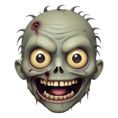 Cinematic Comical Zombie Portrait Emoji, with a grotesquely exaggerated yet playful decaying face in muted ashen tones, head cocked in a dramatically shocked expression with wildly comical, googly eyes and a gaping, silly grin revealing quirky stitches, simplified yet hilariously expressive, highly detailed with a soft eerie glowing outline capturing the absurd humor of a zombie in comic disbelief! sticker