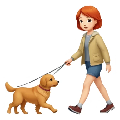 A red short-haired girl walking a golden retriever sticker