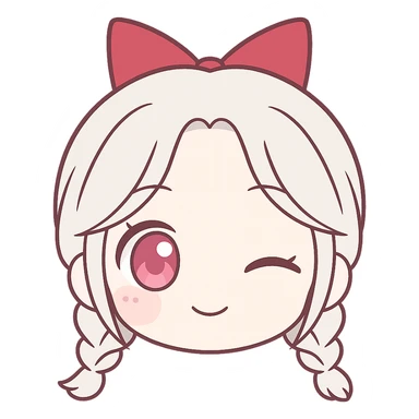 Create a simple chibi face-only version of QT with silver white hair parted in the middle into two braids with loose hair, big red ribbon bow, pink irises, pale skin, and a cute chibi expression. Minimalist, clean lines, no background. sticker