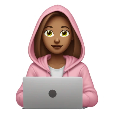 a girl with brown long hair, fair skin, green eyes, is working relaxed at a modern laptop in a monochrome pale pink zip hoodie with a hood and a pink monochrome T-shirt sticker