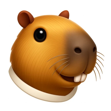 Create a capybara emoji that looks exactly like the reference image in iOS emoji style. The emoji should have a 3D appearance with shiny, smooth gradients, soft shadows, and a realistic capybara head with a classic emoji look. Add a glossy effect to the fur. sticker
