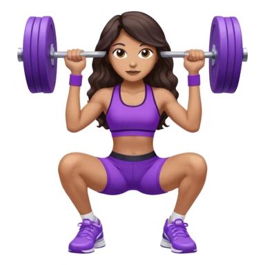 mujer de tez trigueña, con cabello castaño oscuro ondulado no muy marcado, hasta la cadera super largo estilizado, con ropa deportiva morada/lila, tenis blancos deportivos y levantando una pesa sticker