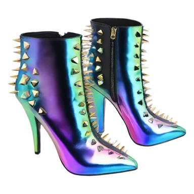 Realistic isolated top front view of a pair of Iridescent ombre studded spike heel ankle bootie boots.  sticker