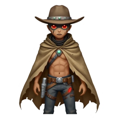 A rugged alien outlaw cowboy with scars and glowing red eyes, torn futuristic poncho, standing in a deserted alien town, dust blowing through empty streets, moody shadows, gritty sci-fi western realism
 sticker