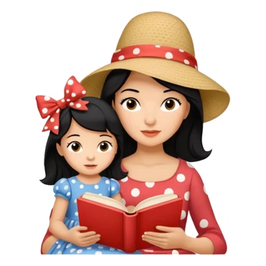 A black hair mother in a ribboned hat wearing polka dot dress reading a storybook to her child. sticker