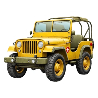 yellow military jeep, with protection, with red tuning symbols sticker