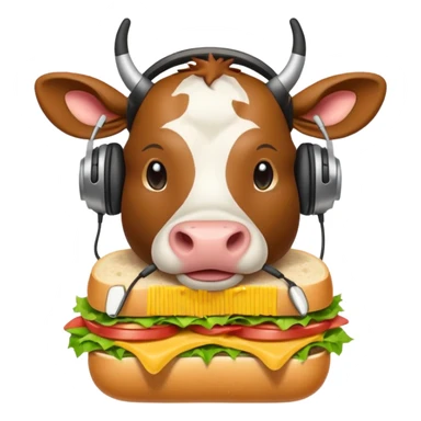 cartoon cow wearing headphones, munching a sub sandwich, apple emoji style sticker