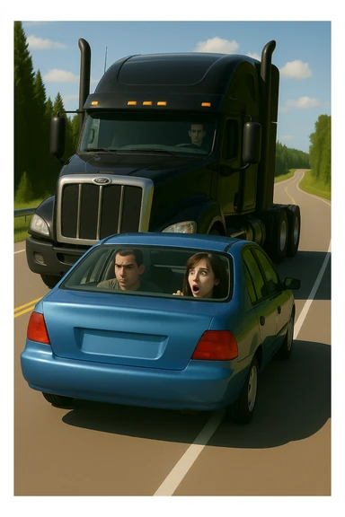 Remove the word 'move' from the car. Keep the scene bright and vibrant, featuring a black semi truck without a trailer and a person inside the car. Maintain the overall vibrant and bright atmosphere. sticker