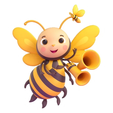 a cute bee with wings, blowing a golden trumpet sticker