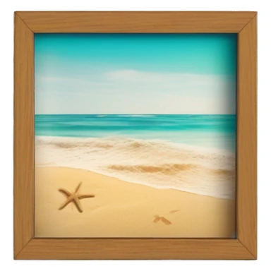 A realistic polaroid photo lying on a wooden surface, with a vibrant picture of a sunny beach scene inside the frame. The photo features a golden sand shoreline, turquoise waves, and a clear blue sky, evoking feelings of nostalgia and wanderlust. sticker