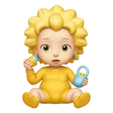 A 3D cartoon baby character fully yellow skin, styled like Maggie Simpson, with pacifier, yellow onesie, big eyes, smooth shading, Memoji-style rendering, consistent with other yellow Simpsons characters. sticker