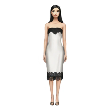 Realistic isolated black silk strapless straight dress straight neck with minimal white lace sticker