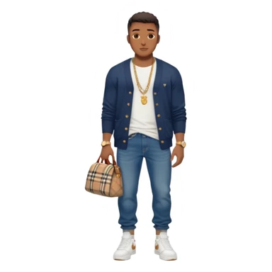 Handsome Black guy with brown skin tone, with muscular build, wearing long baggy dark denim jeans, a white t-shirt, a Burberry cardigan, white Nike sneakers, a gold watch, and a dainty chain sticker