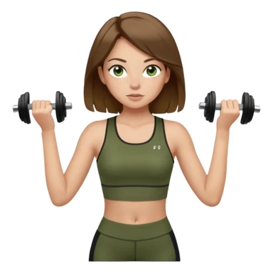 Girl with green eyes, brown hair shoulder length, light skin, and freckles wearing an olive green crop top with black leggings working out, she has light gorgeous lashes sticker