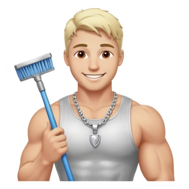 smiling muscular 28 year old man with silver jewelry, blonde hair with a touch of red in it cleaning sticker