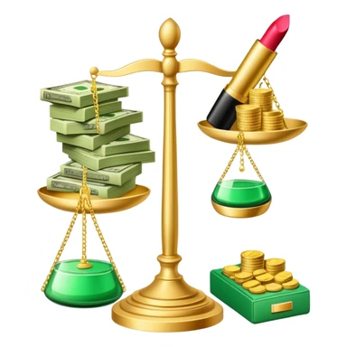 gold scale with a stack of green dollar bills and coins on one side and beauty products including lipstick, perfume, and makeup on the other sticker