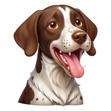 Cinematic Comical German Pointer Dog Portrait Emoji, Head tilted dramatically while yawning exaggeratedly, sleek brown and white fur, Simplified yet hilariously adorable features, highly detailed, glowing with an almost sarcastic glow, high shine, a mix of lazy and curious, stylized with a touch of playful whimsy, bright and alert but with a comical expression, soft glowing outline, capturing the essence of a mischievous yet overly dramatic dog, so meme-worthy it feels like it could leap off the screen and sassily demand attention, ready to become the internet’s next viral sensation! sticker