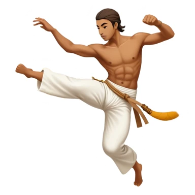 A capoeira fighter in mid-air performing a spinning kick, wearing traditional white capoeira pants and a cord, vibrant and flowing pose, surrounded by motion swirls sticker