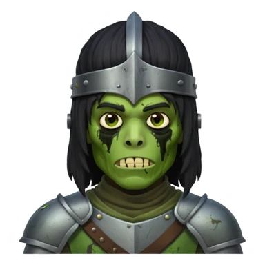 A black male with long black rough hair wearing a knight helmet with green zombie skin sticker