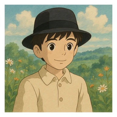 boy wearing a classic black fedora, gentle expression, soft colors, Ghibli style sticker