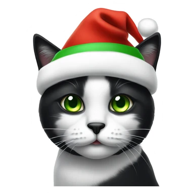 A pretty black and white cat face with green eyes and a Santa hat sticker