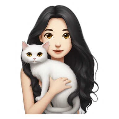 A girl with long dark hair and on her left shoulder and neck lies a white fluffy cat with different eyes sticker