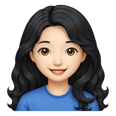 cute Korean girl with wavy long black hair and black eyes, emoji style sticker