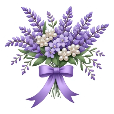 A cascading bouquet of lavender, blending soft lilac, dusky violet, and deep amethyst hues, is wrapped in delicate pearl-colored lace, tied with a silky wisteria ribbon. The stems, slightly uneven and wild, spill gently over the edge of an antique silver tray, where a few loose buds rest, their fragrance mingling with the faint scent of aged paper and timeworn fabric.
 sticker