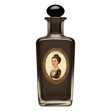 English vintage glass perfume bottle from my aristocratic grandmother, exquisite bottle shape, old and shabby, with label, stylish and minimalistic, black and brown sticker