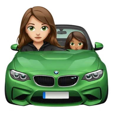 Beautiful Caucasian girl with green eyes and long brown hair realistic girl straddling sitting on the hood of BMW M2 car sticker