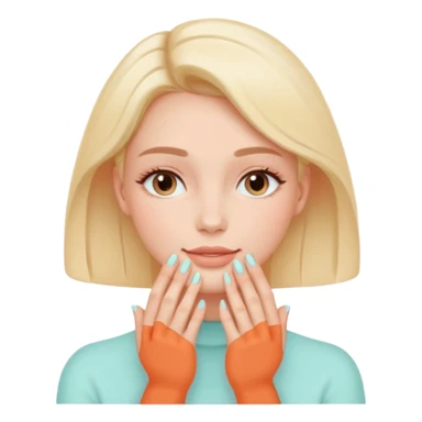 Minimal emoji-style icon of a woman’s face with clear glowing skin, hands gently touching the jawline, skincare concept, soft pastel colors, clean flat design, rounded shapes, no background, modern wellness emoji, iOS-style, high clarity sticker