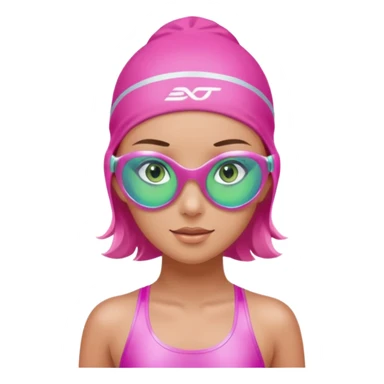 pretty girl with green eyes pink swim cap holographic swimming glasses and cute profesional swimmer pink swimsuit without her hair visible sticker
