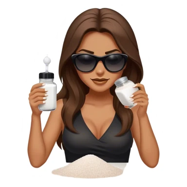 sassy woman with long brown hair, tan skin, and dark sunglasses holding a salt shaker filled with white table salt. She is sprinkling the salt out from the shaker with a smirking expression, not smiling sticker