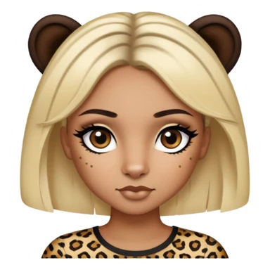 Brown girl person with dark hair and dark eyes, with eyeliner and lashes, and one blonde stripe in the front of the hair, wearing a leopard top  sticker
