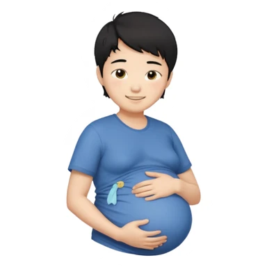 pregnant asian boy with short messy black hair holding his belly embracing his pregnancy sticker